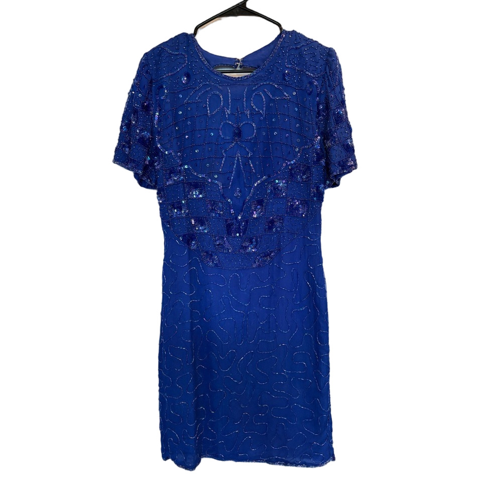 Vintage Beaded Sequin Cocktail Dress Blue Evening Party Dress M